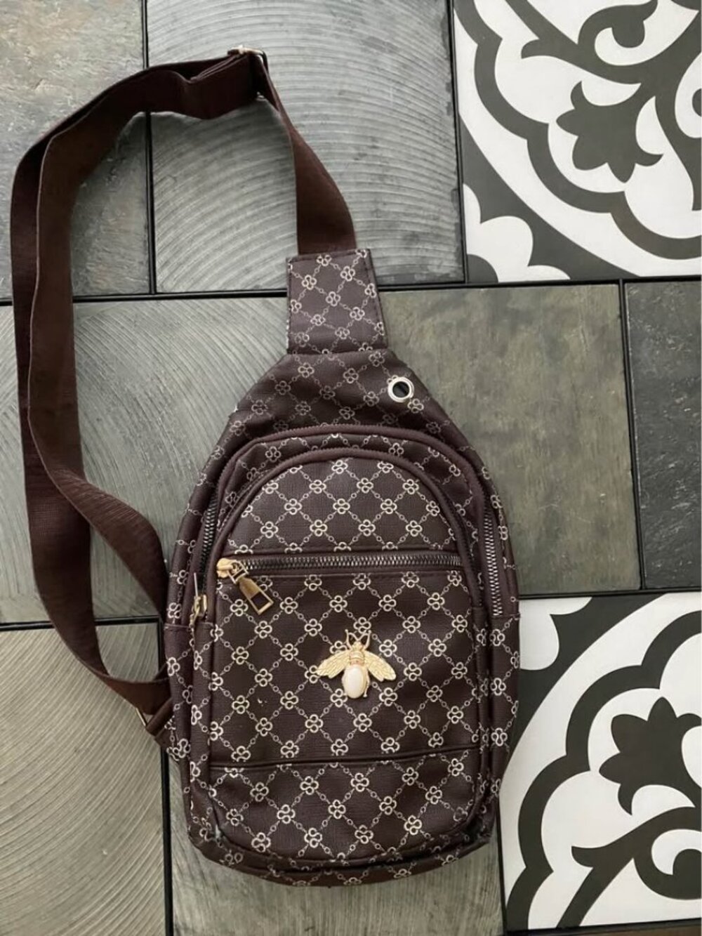 Boss Bee Crossbody Sling Bag Dark Brown & Cream Gold Bee Accent